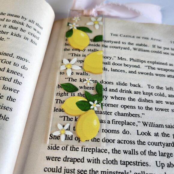 Lemon Fruit Print Bookmark Pink Yellow Cutesy Coquette Bookish Gift For Her - Picture 3 of 9